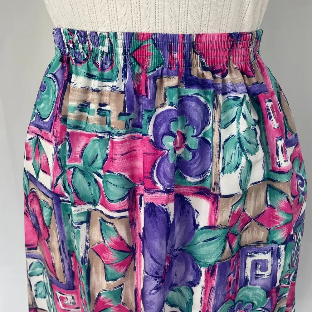 Vintage Midi Skirt Size Medium Pink Purple Floral Boho A Line Pull On Retro 90s